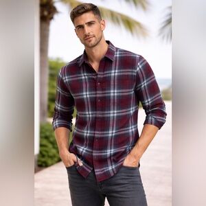 Bonobos Slim Fit Stretch Plaid Button Down Shirt Men’s XL Burgundy Teal Cotton